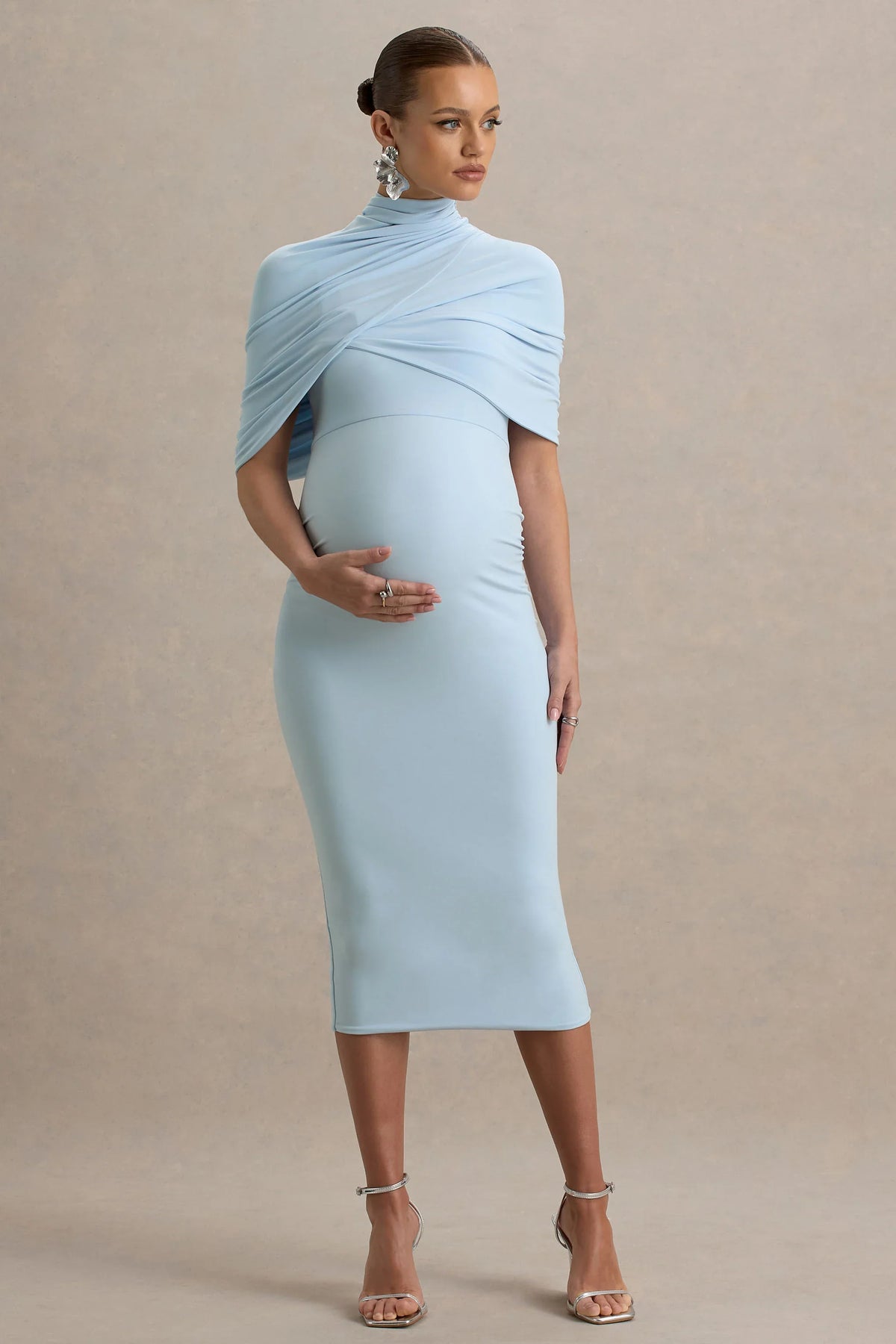 Augustina Powder Blue Maternity Midi Dress With Cape