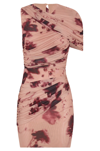 Adrienne One Shoulder Mesh Mini Dress Nude Blurred Floral Print