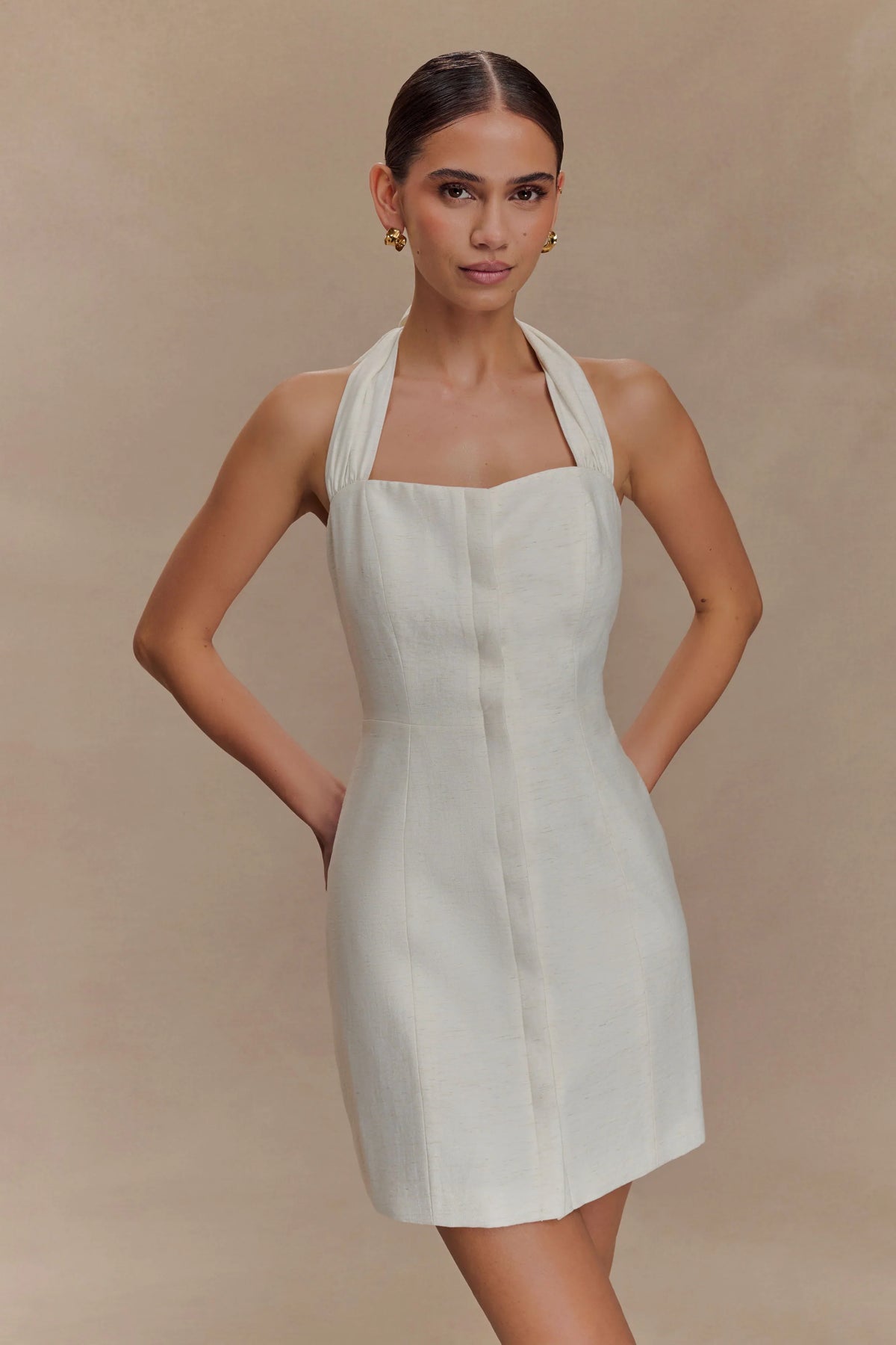 Anya Linen Halter Mini Dress Oat Marle