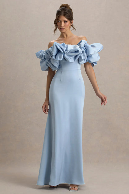 Allie Powder Blue Puff Bardot Maxi Dress