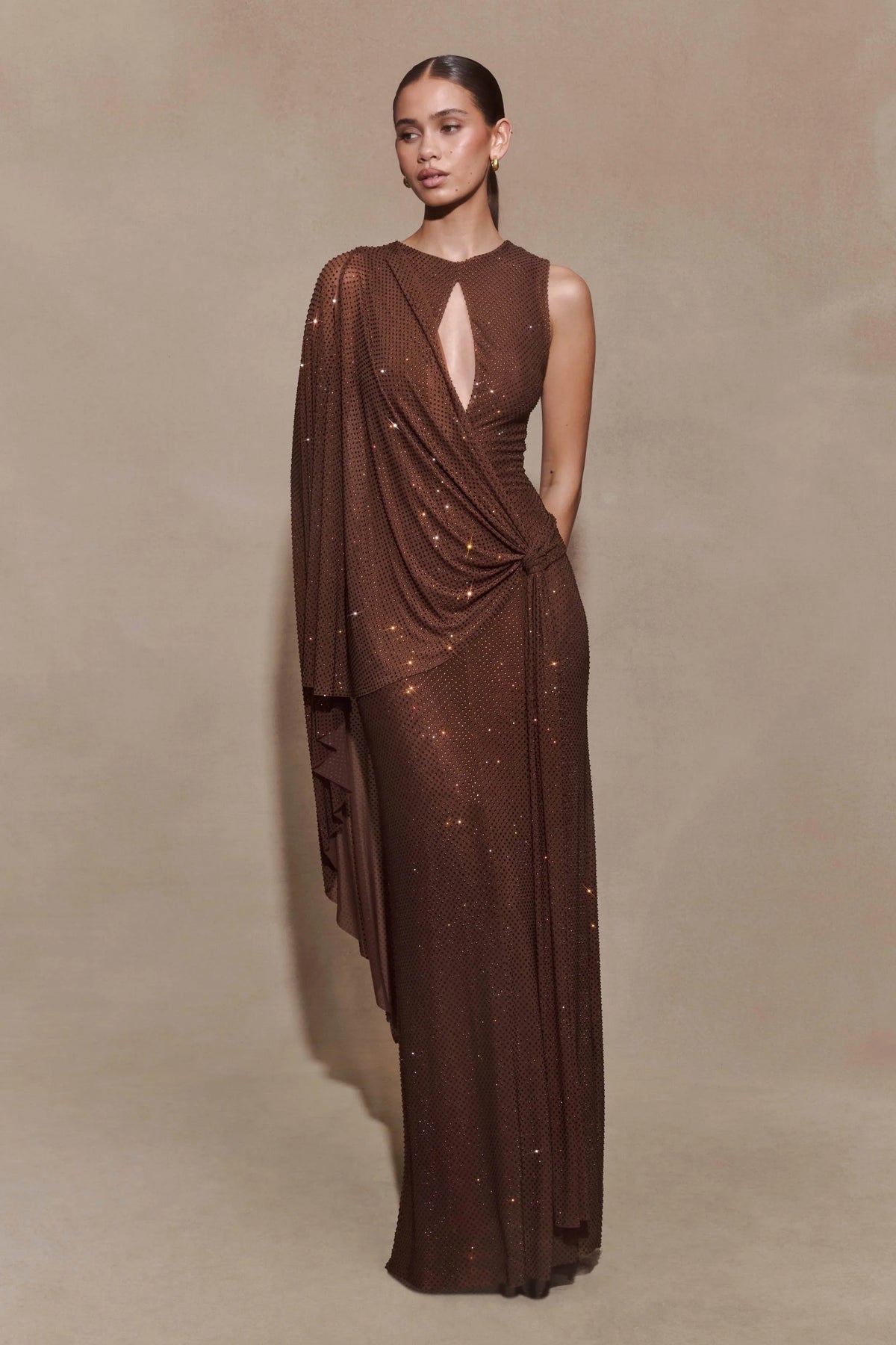 Bakari Diamante Cape Maxi Dress Chocolate