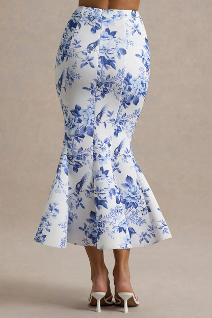 Amadea Blue Porcelain Print Fishtail Midi Skirt
