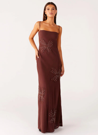 Bayla Beaded Flower Maxi Dress Chocolate