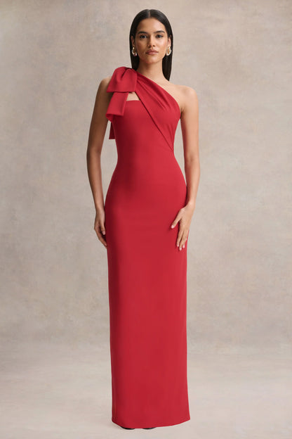 Adara Red Asymmetric Neck Maxi Dress With Bow Detail