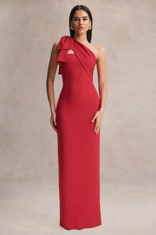 Adara Red Asymmetric Neck Maxi Dress With Bow Detail