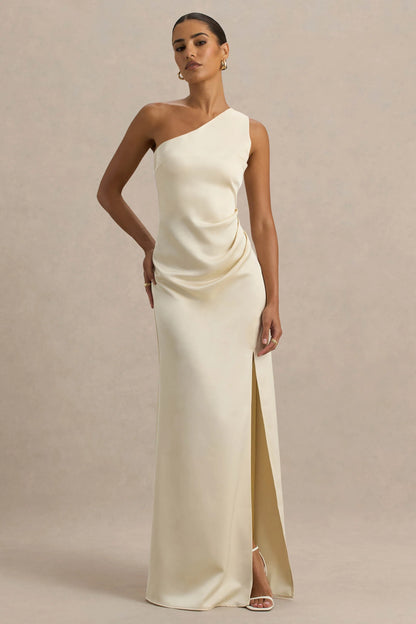 Beth Pale Lemon Asymmetric Neckline High Split Maxi Dress