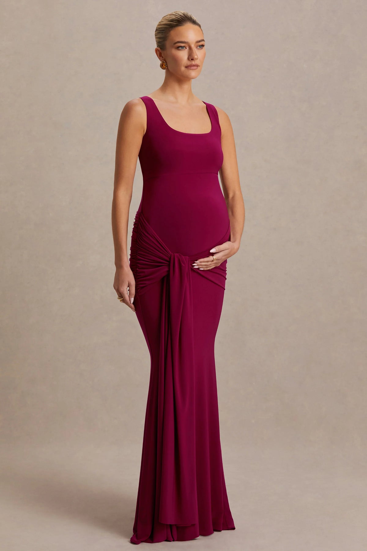 Baylin Burgundy Square Neck Maternity Maxi Dress With Ruched Detailing And Sash