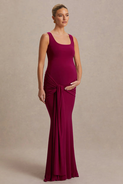 Baylin Burgundy Square Neck Maternity Maxi Dress With Ruched Detailing And Sash