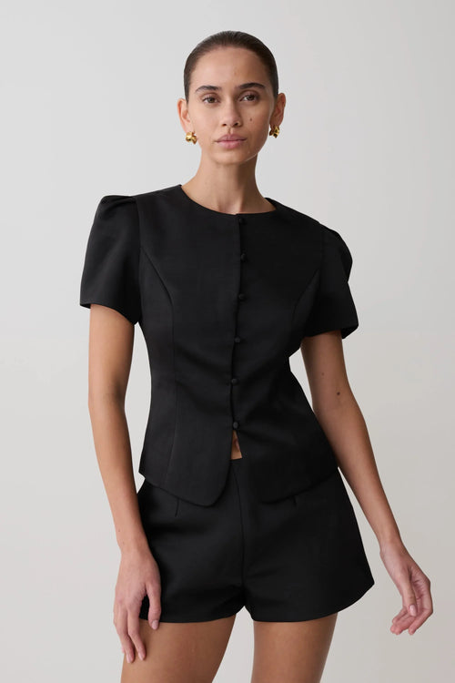 Anne Short Sleeve Satin Top Black