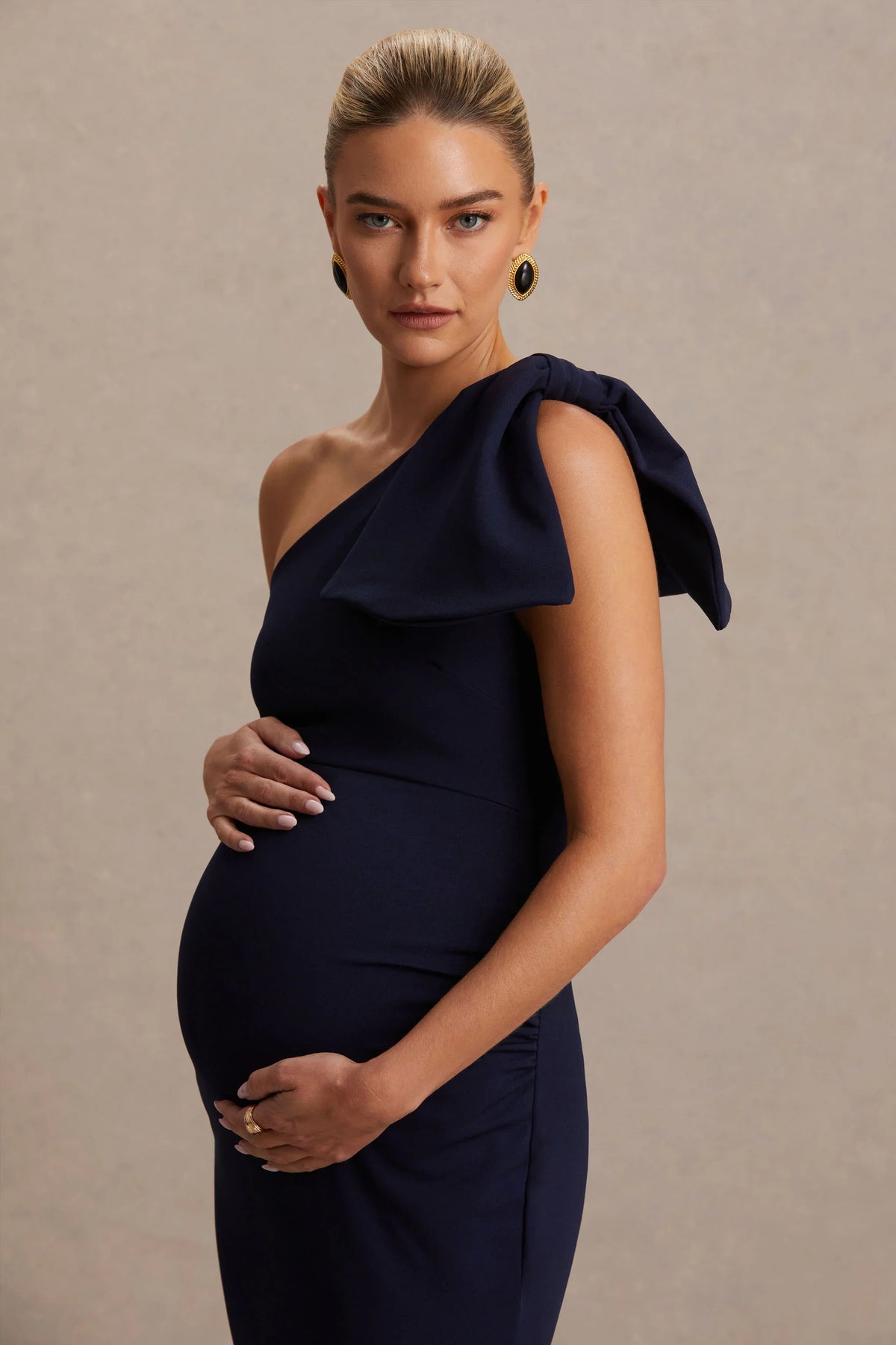 Adorn Navy Asymmetric Maternity Midi Dress With Shoulder Bow Detail