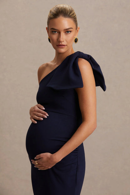 Adorn Navy Asymmetric Maternity Midi Dress With Shoulder Bow Detail