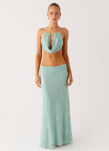 Amoura Sequin Low Rise Maxi Skirt Mint Sage
