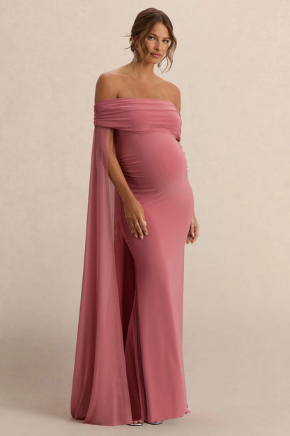 Carlotta Blush Pink Bardot Maternity Maxi Dress With Chiffon Cape