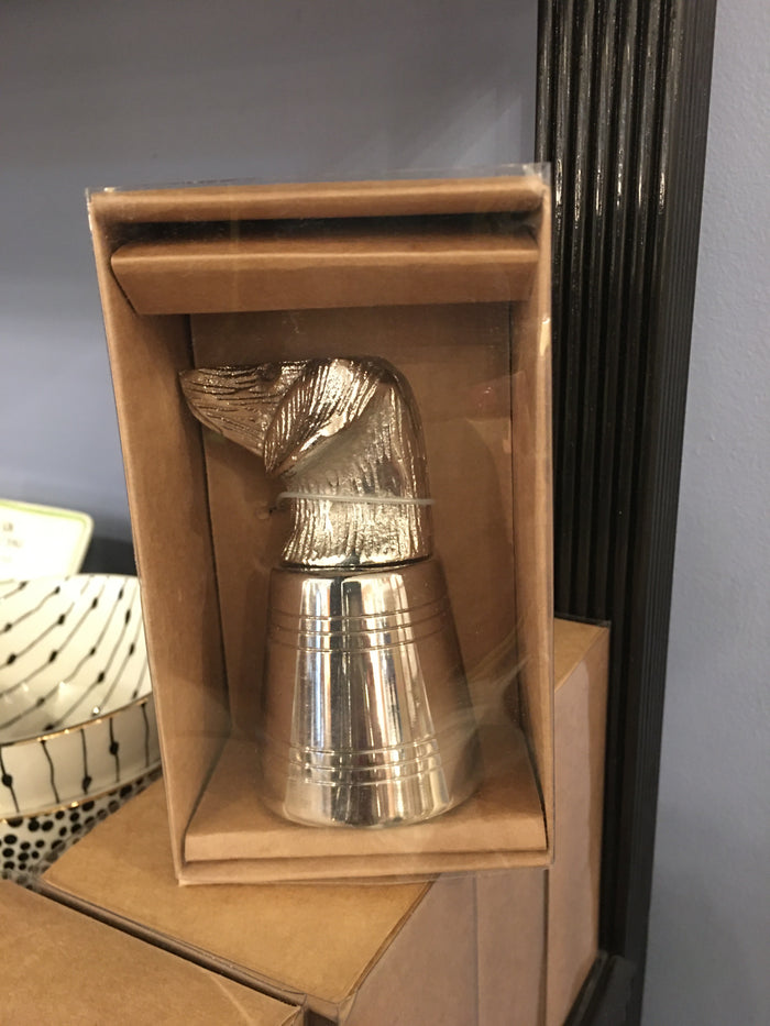CAST ALUMINUM AND STAINLESS DOG JIGGER IN KRAFT BOX