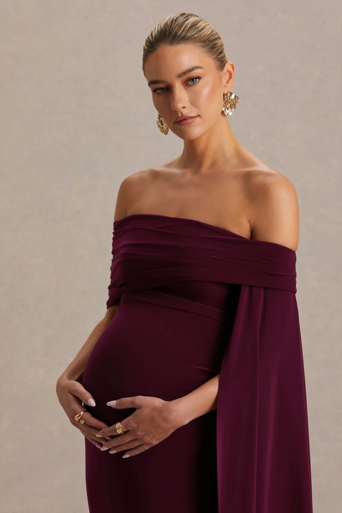 Aquila Burgundy Bardot Maternity Maxi Dress With Draped Detail
