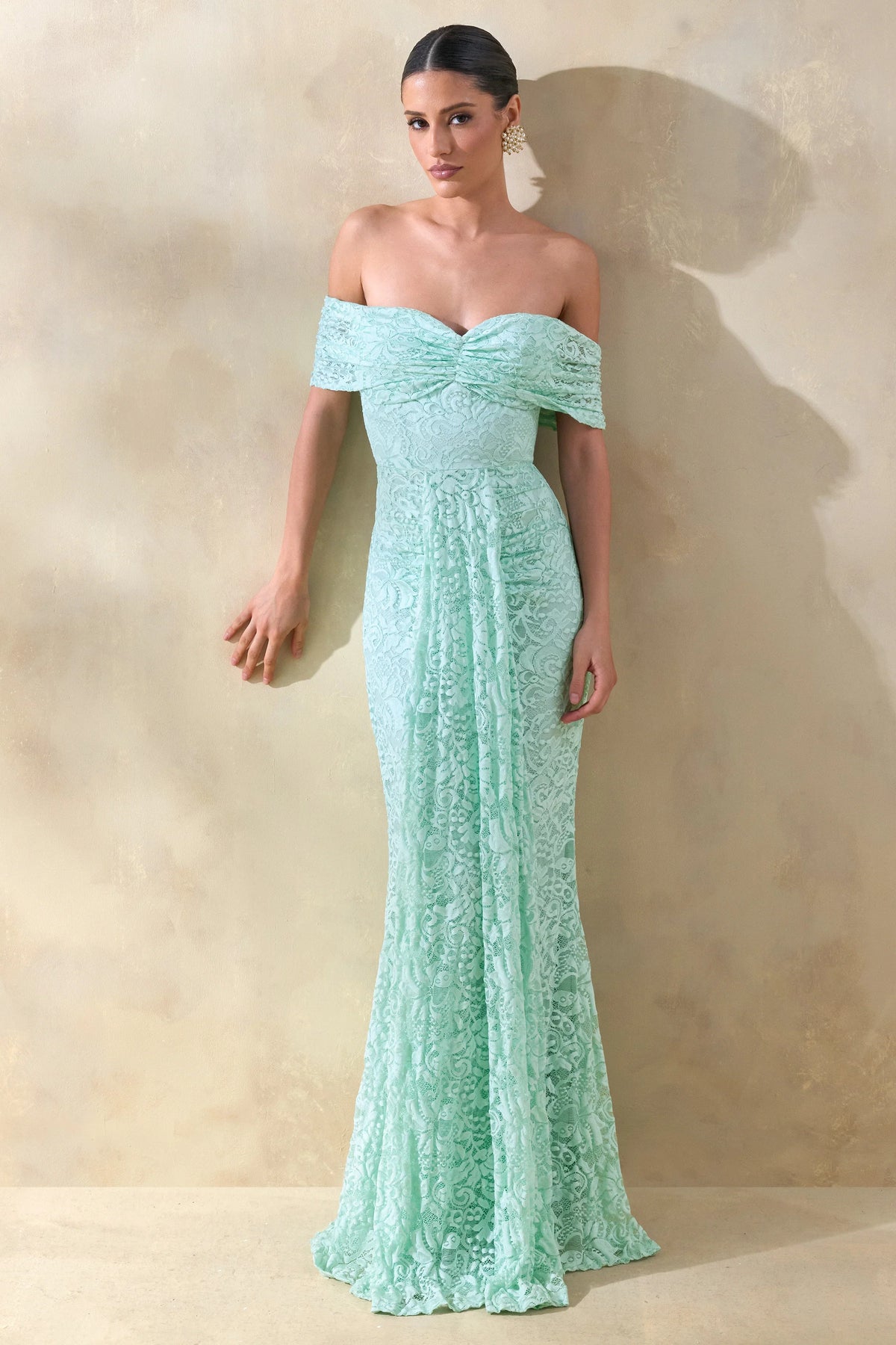 Aries Mint Lace Bardot Neck Maxi Dress With Gathered Detailing
