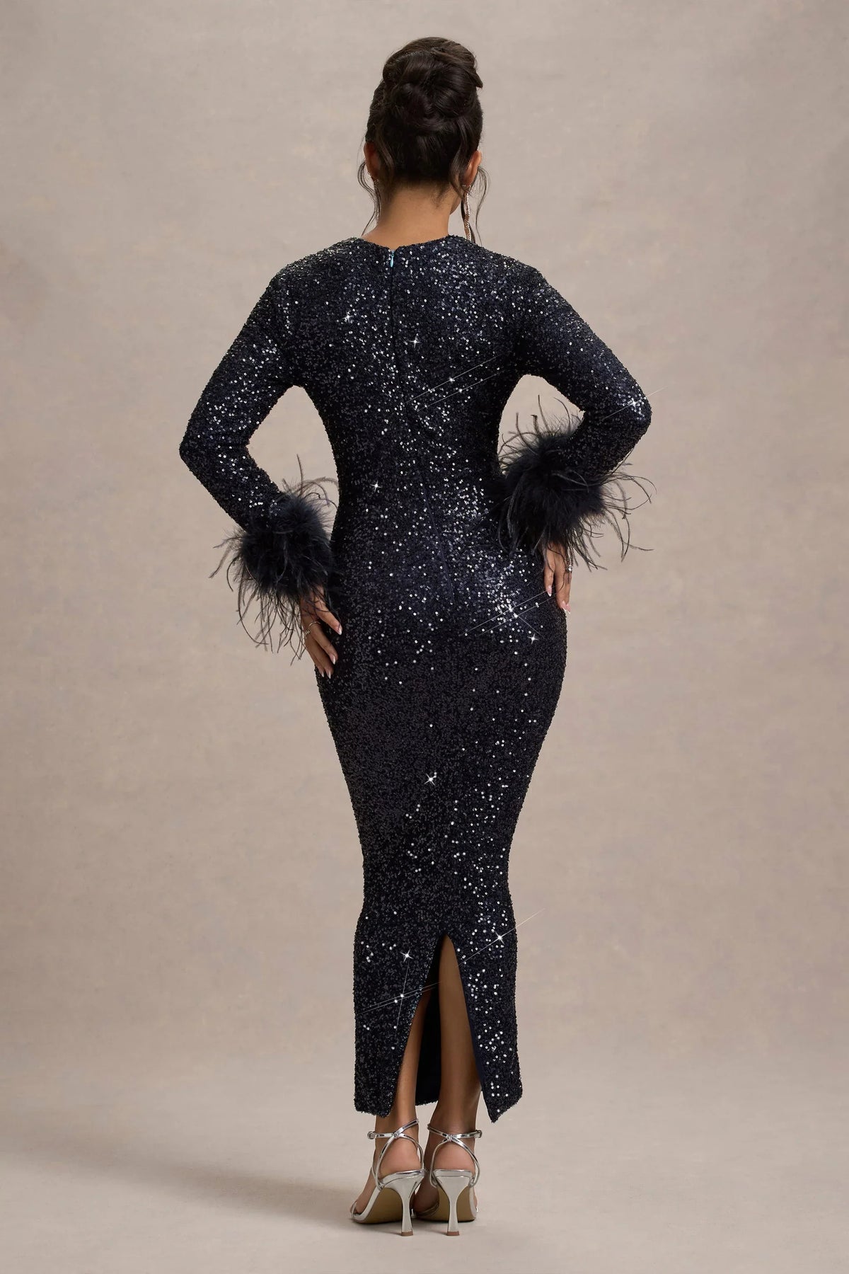 Analina Navy Sequin Long Sleeved Midi Dress With Feather Cuffs