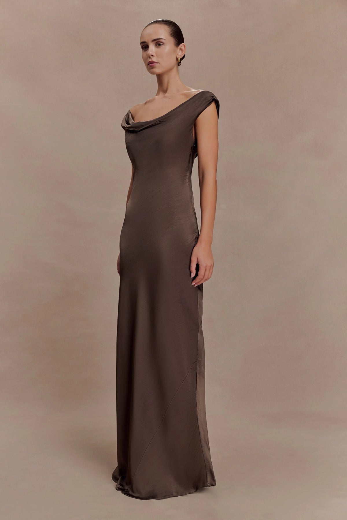 Ashley Cowl Neck Lace And Satin Maxi Dress Mocha