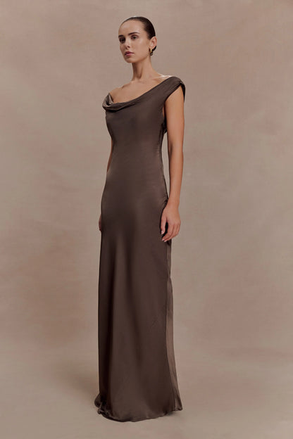 Ashley Cowl Neck Lace And Satin Maxi Dress Mocha
