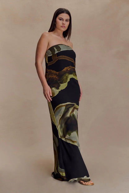 Amaya Strapless Chiffon Maxi Dress Green Fluid Reverie Print