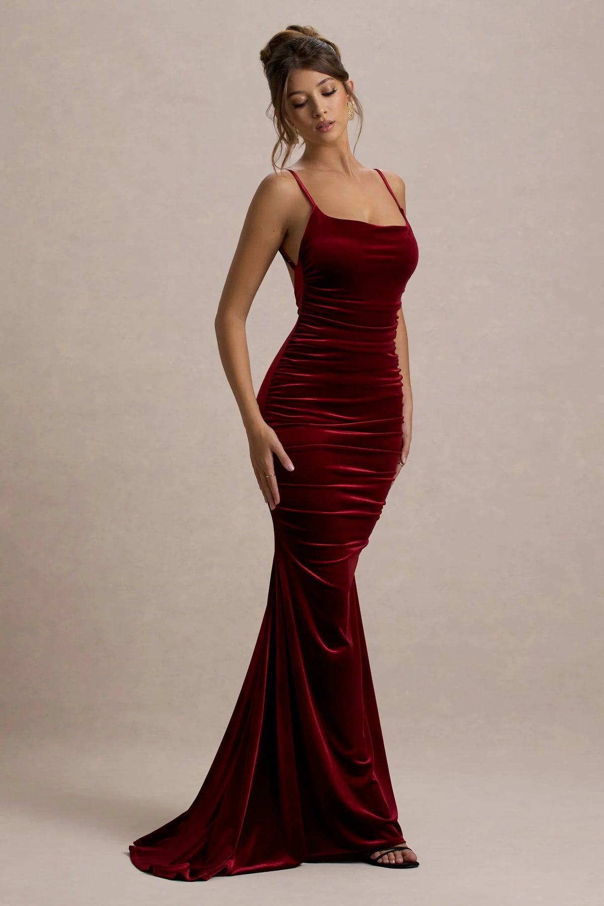 Adele Berry Velvet Ruched Strappy Fishtail Maxi Dress