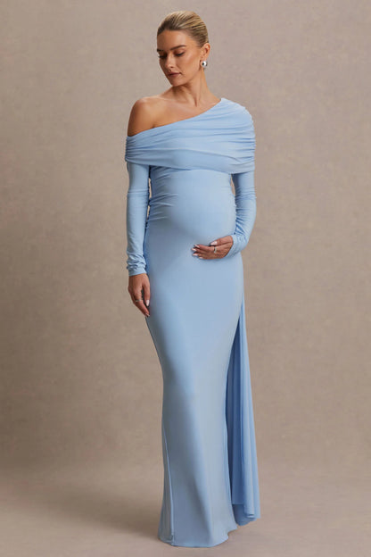 Amara Powder Blue Asymmetric Neck Maternity Maxi Dress With Sash Detail