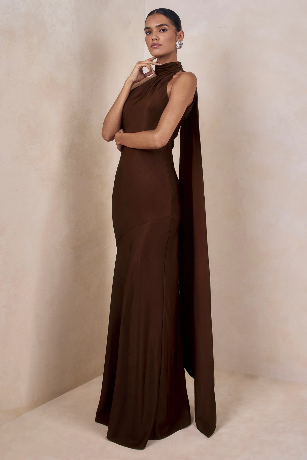 Cara Brown Matte Satin High Neck Maxi Dress