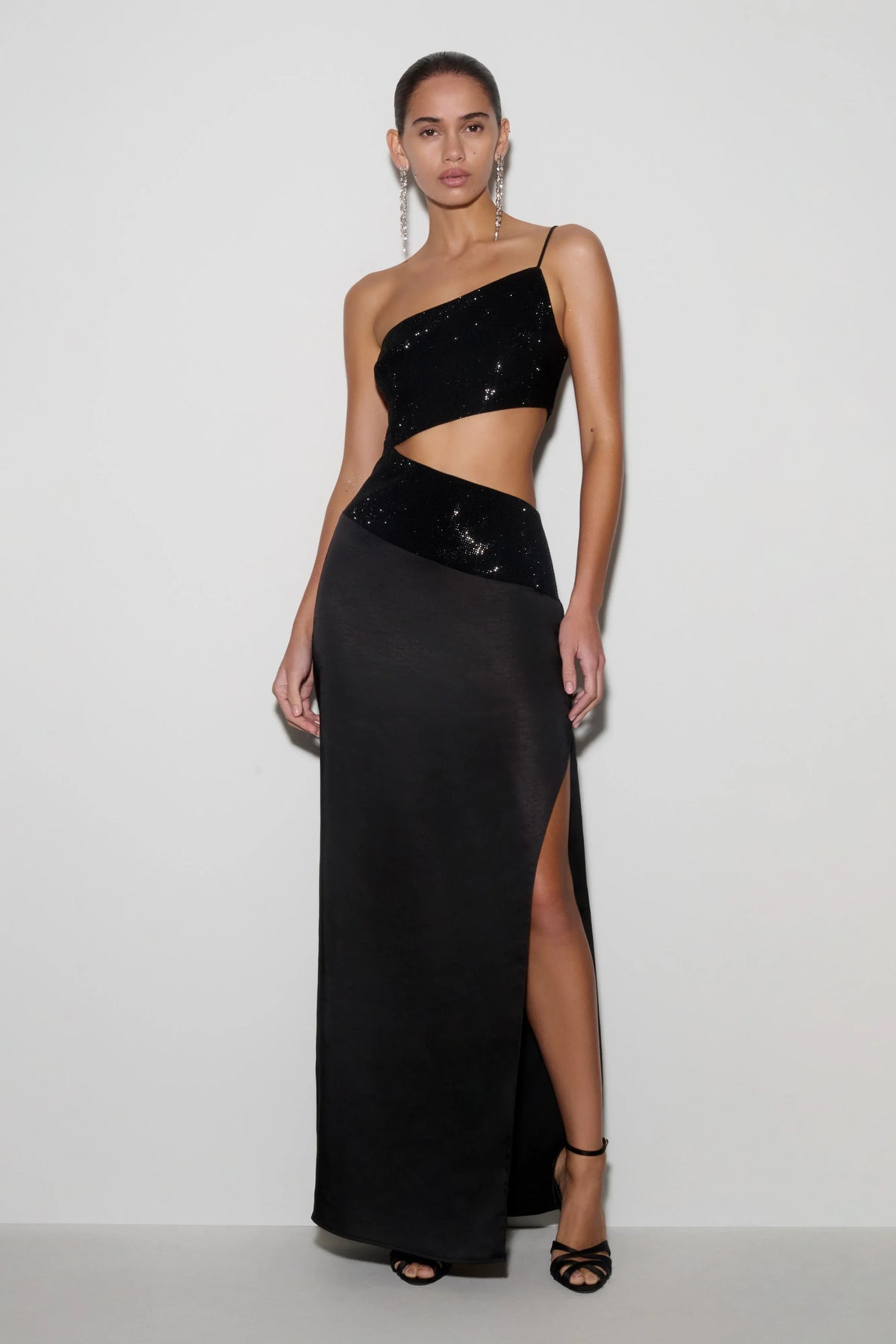 Athena One Shoulder Diamante Maxi Dress Black