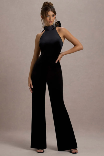 Alondra Black Velvet High Neck Straight Leg Jumpsuit