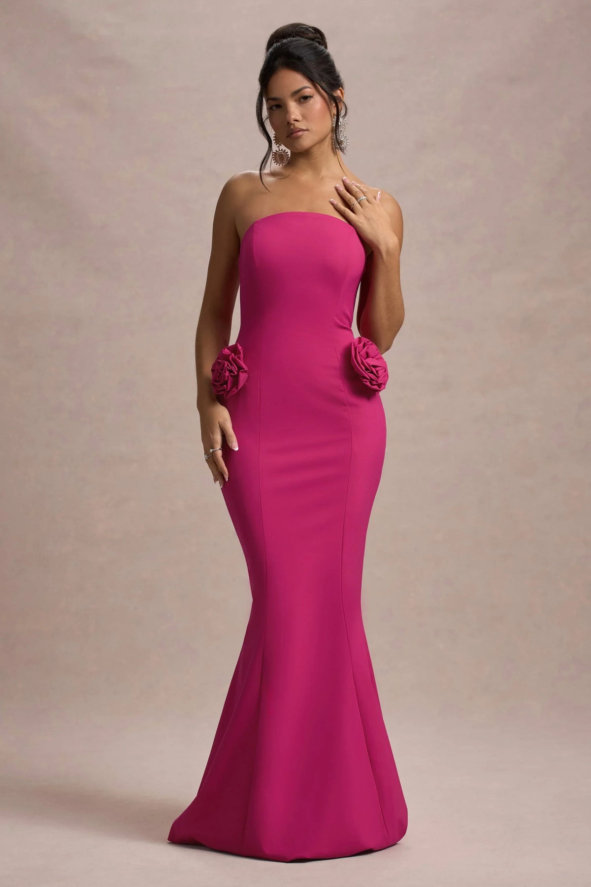 Best Of The Best Dark Pink Strapless Fishtail Maxi Dress With Corsages