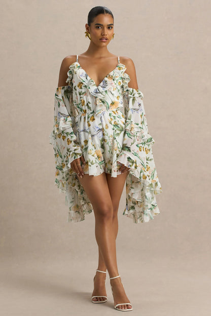 Anaya Lemon Floral Print Chiffon Playsuit With Long Sleeves