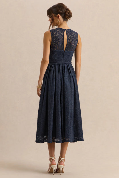 Anabella Navy Lace Crew Neck Belted Midi Dress