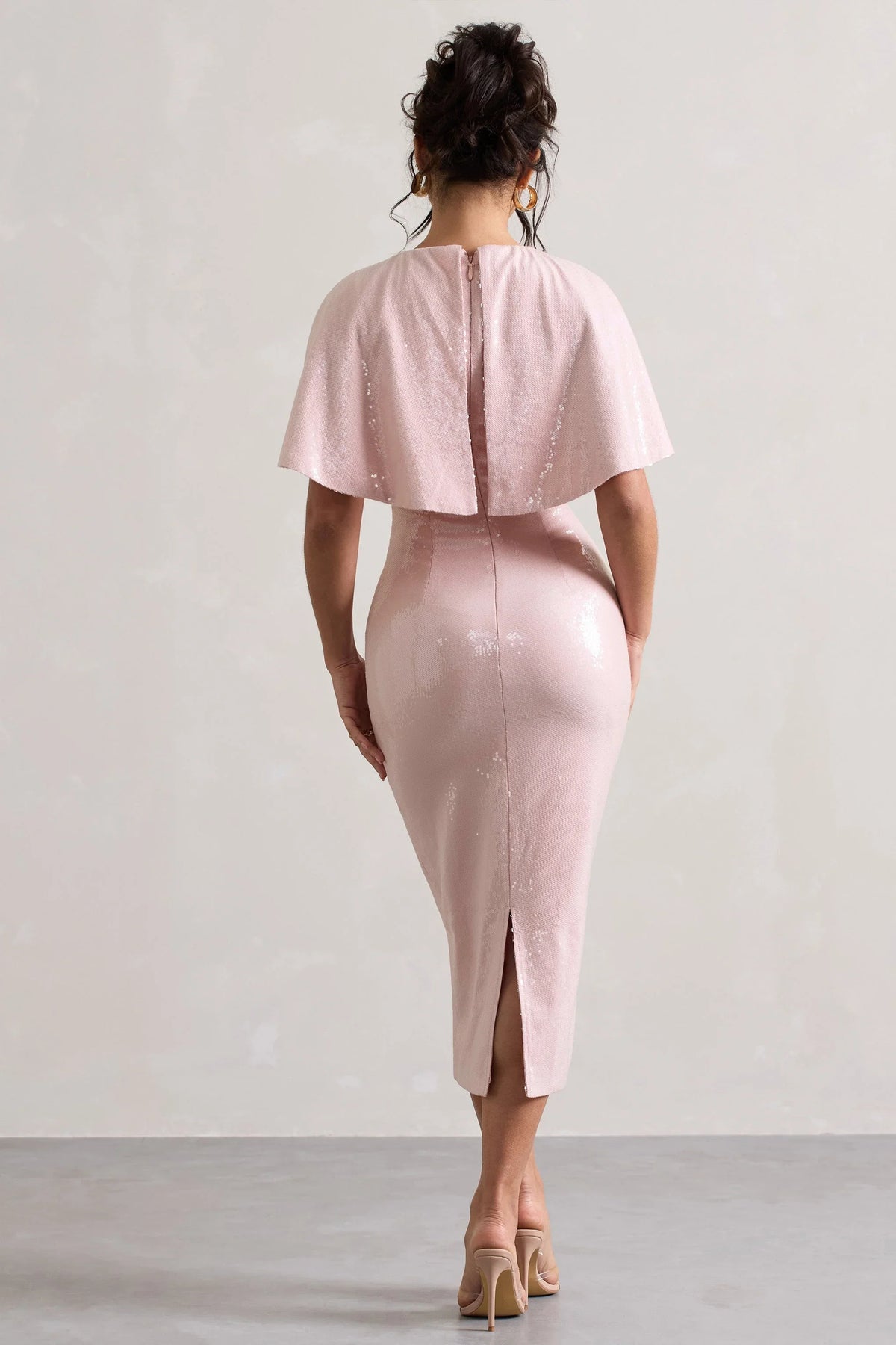 Amelie Pastel Pink Sequin Midi Dress With Cape