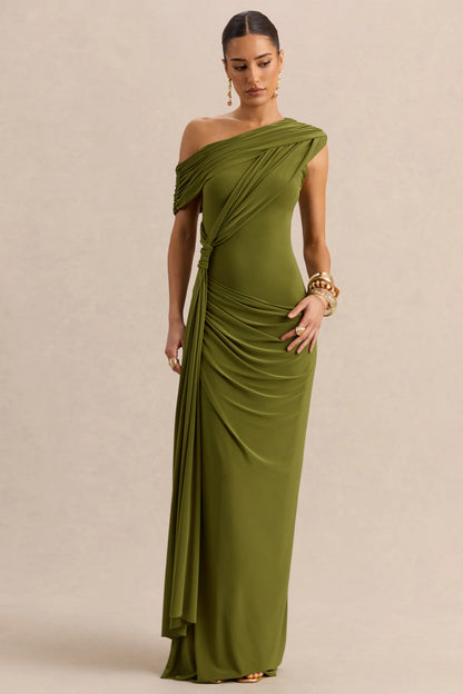 Avialee Green Asymmetric Neck Maxi Dress With Gathered Detailing And Sash