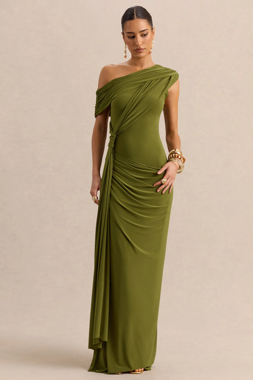 Avialee Green Asymmetric Neck Maxi Dress With Gathered Detailing And Sash