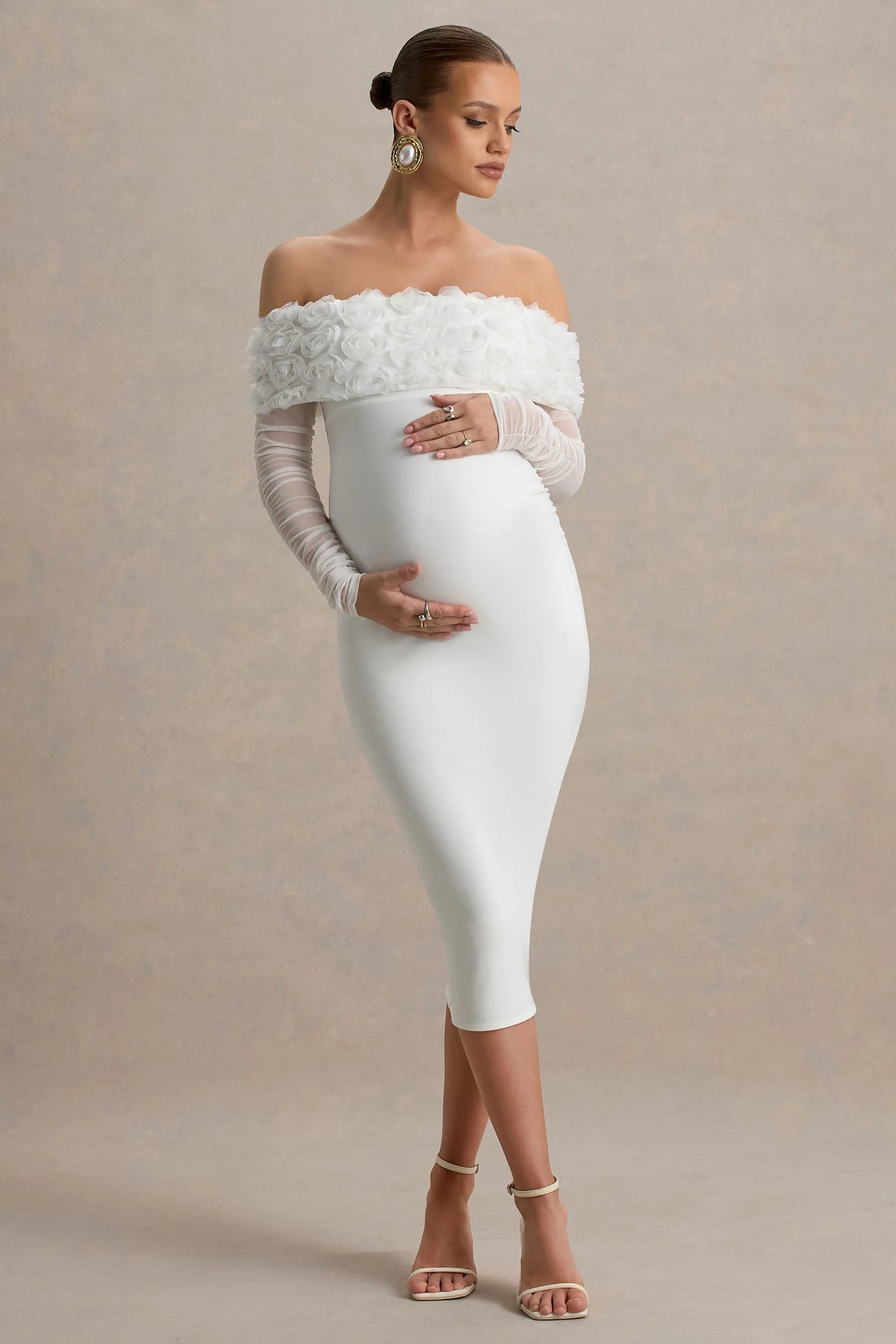 Adita White Mesh Floral Bardot Maternity Midi Dress