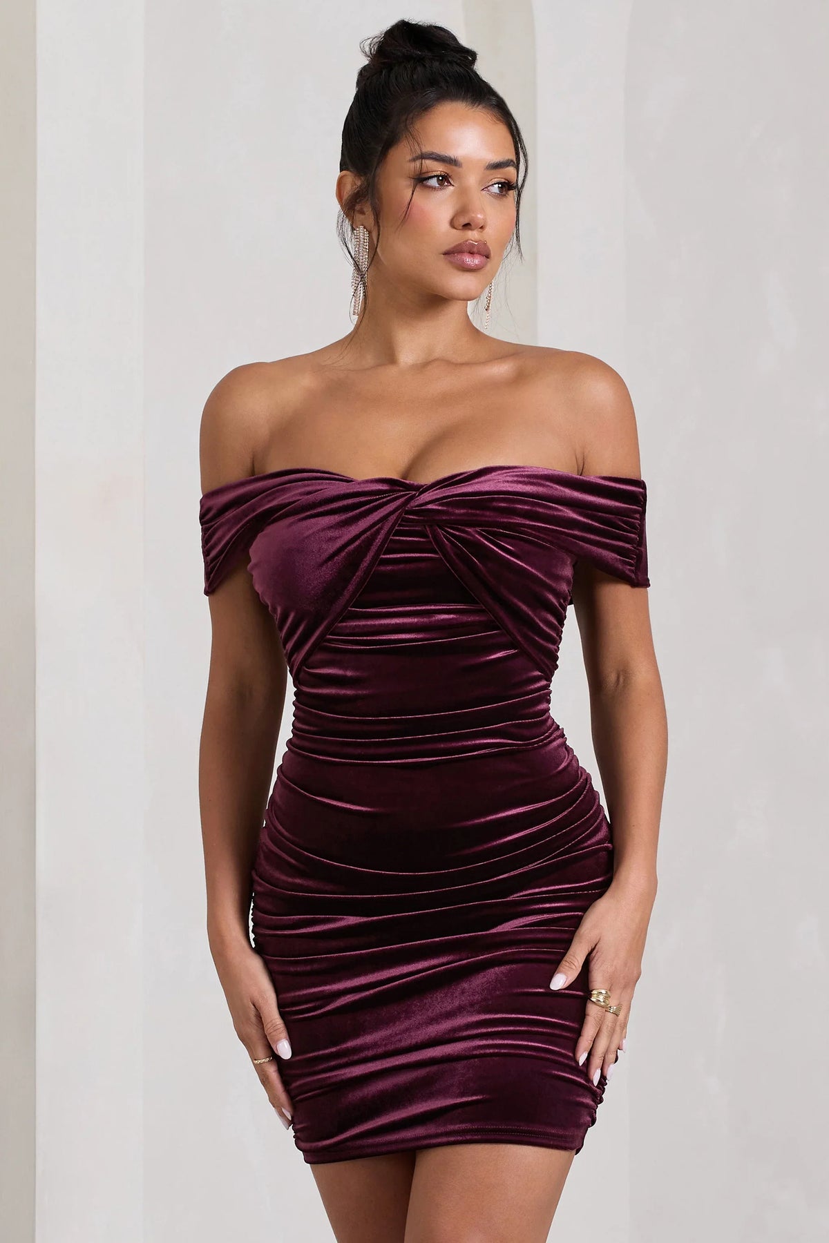 Appreciate Port Velvet Twisted Bardot Ruched Mini Dress