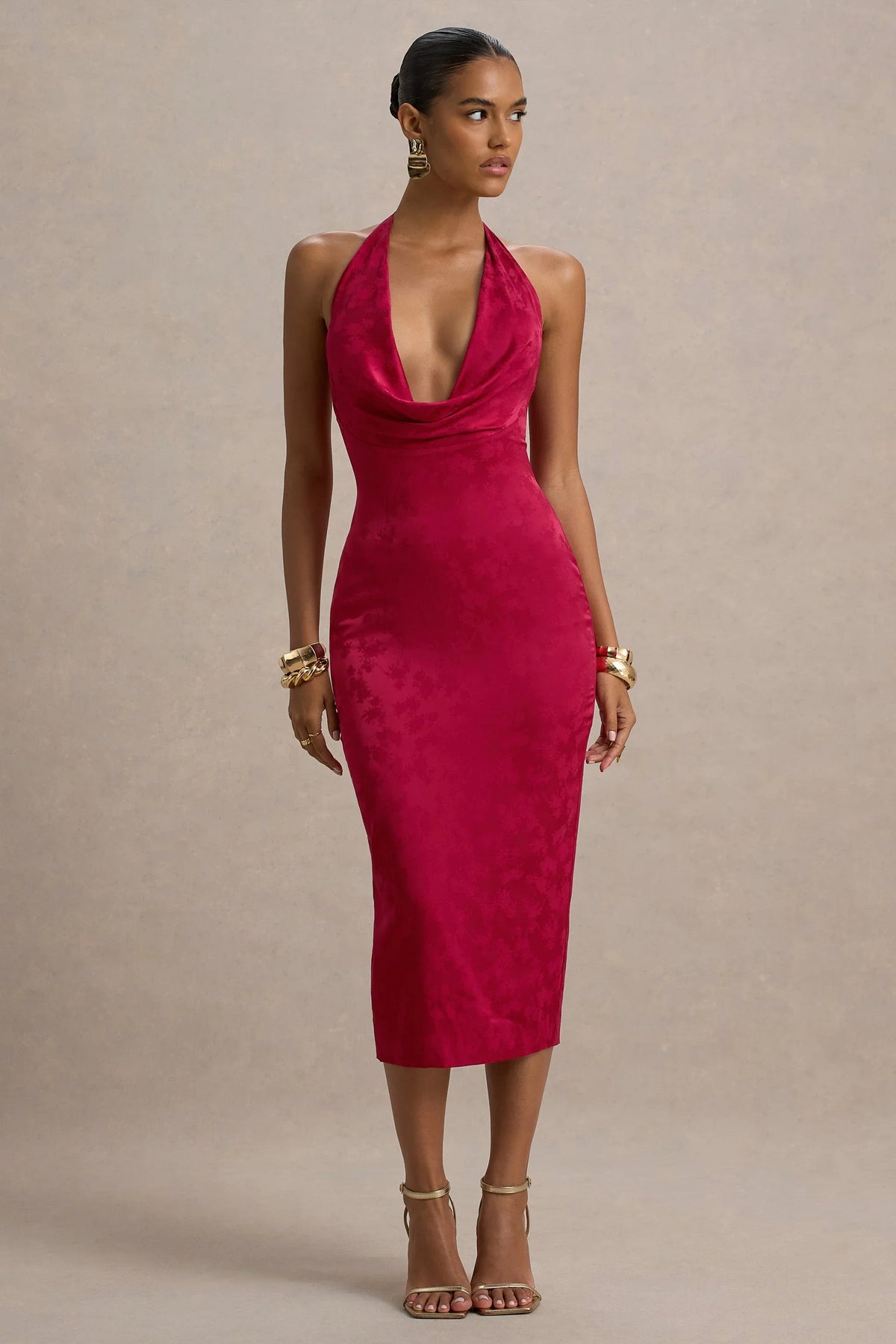 Aine Red Satin Jacquard Cowl Neck Midi Dress