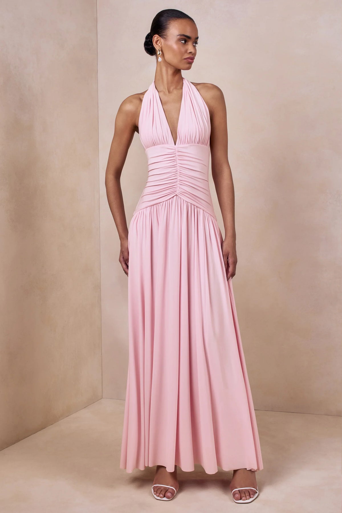 Bettina Pink Plunge Neck Maxi Dress With Gathered Detailing