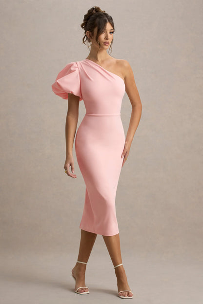 Aimee Pink Asymmetric Puff Sleeve Midi Dress