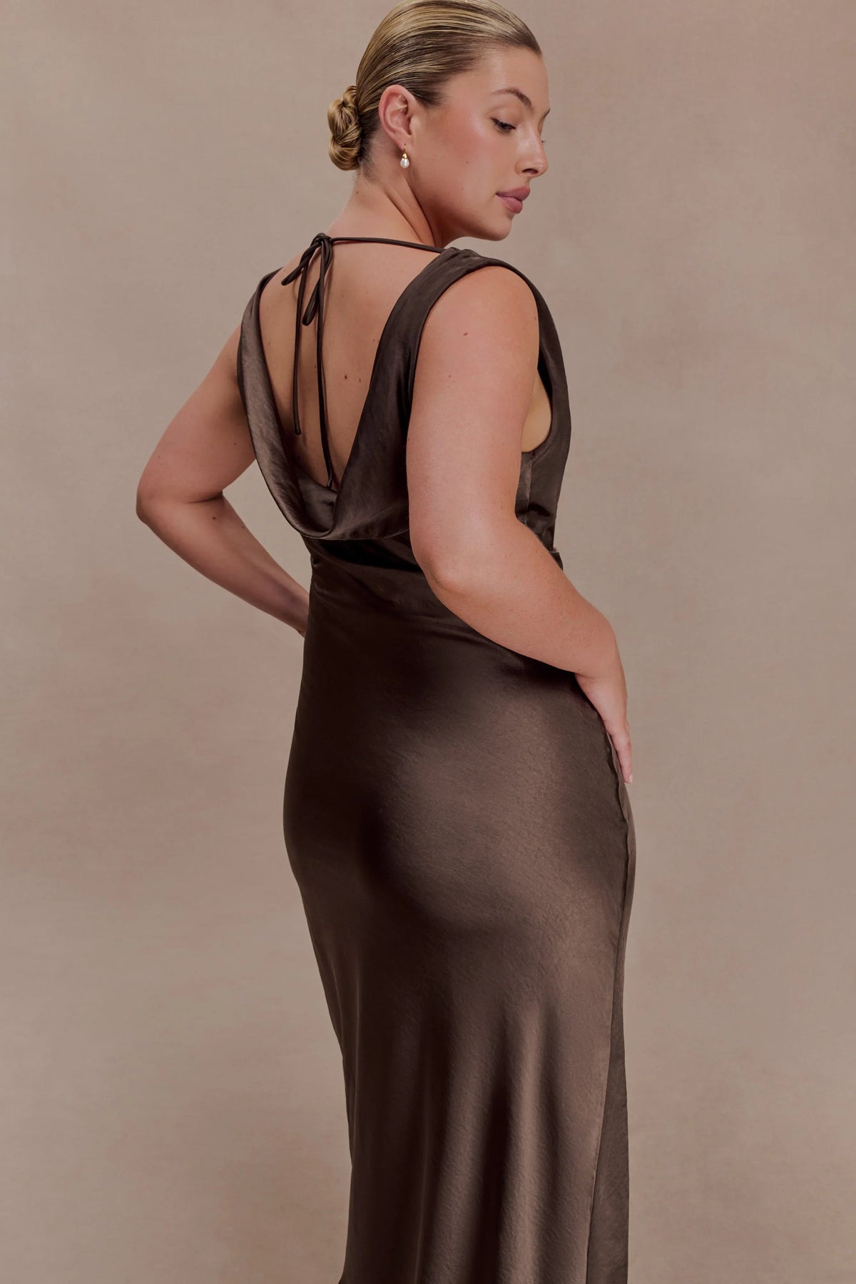Ashley Cowl Neck Lace And Satin Maxi Dress Mocha