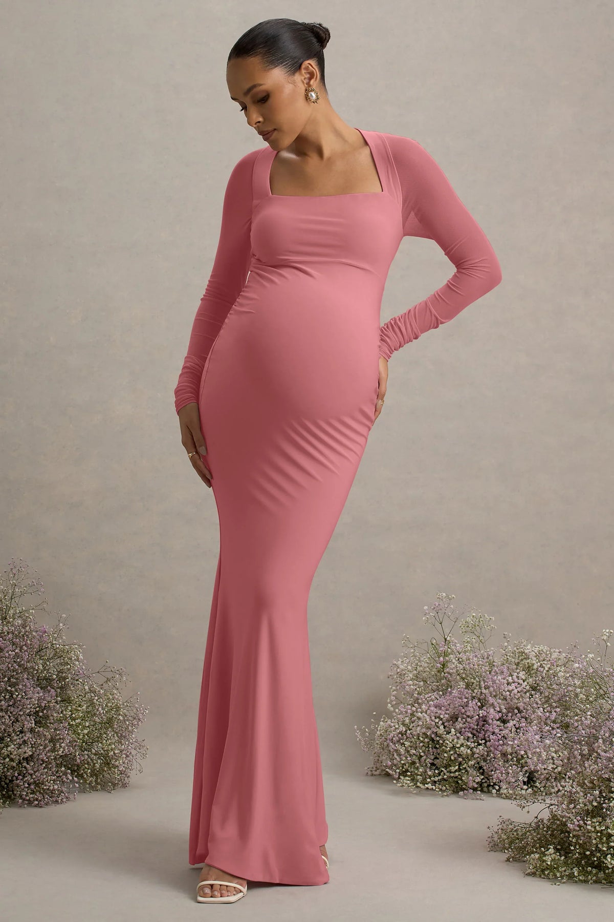 Abeam Blush Pink Maternity Maxi Dress With Sheer Sleeves