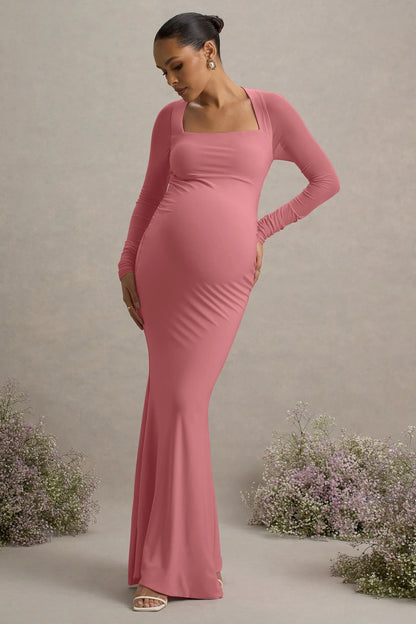 Abeam Blush Pink Maternity Maxi Dress With Sheer Sleeves