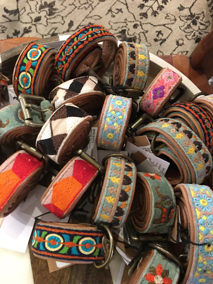 COTTON & LEATHER DOG COLLAR W/EMBROIDERY & METAL BUCKLE