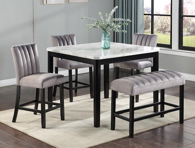 Front-facing view of a single bar stool, clearly showcasing its channel-tufted back, upholstered seat, and black legs with an integrated footrest.