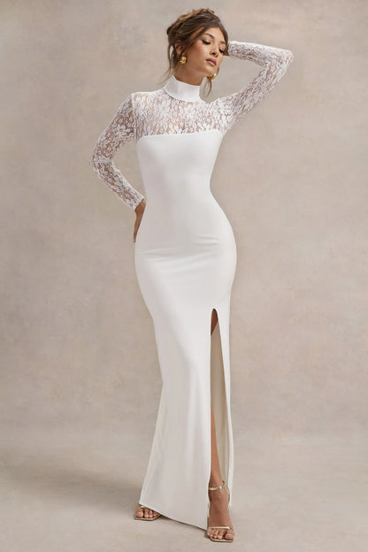 Arden White High Neck Split Maxi Dress With Lace Sleeves