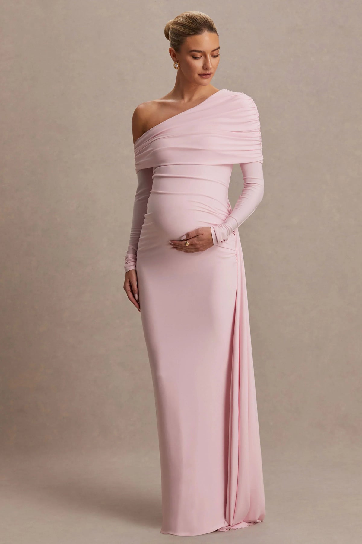 Amara Blush Pink Asymmetric Neck Maternity Maxi Dress With Sash Detail