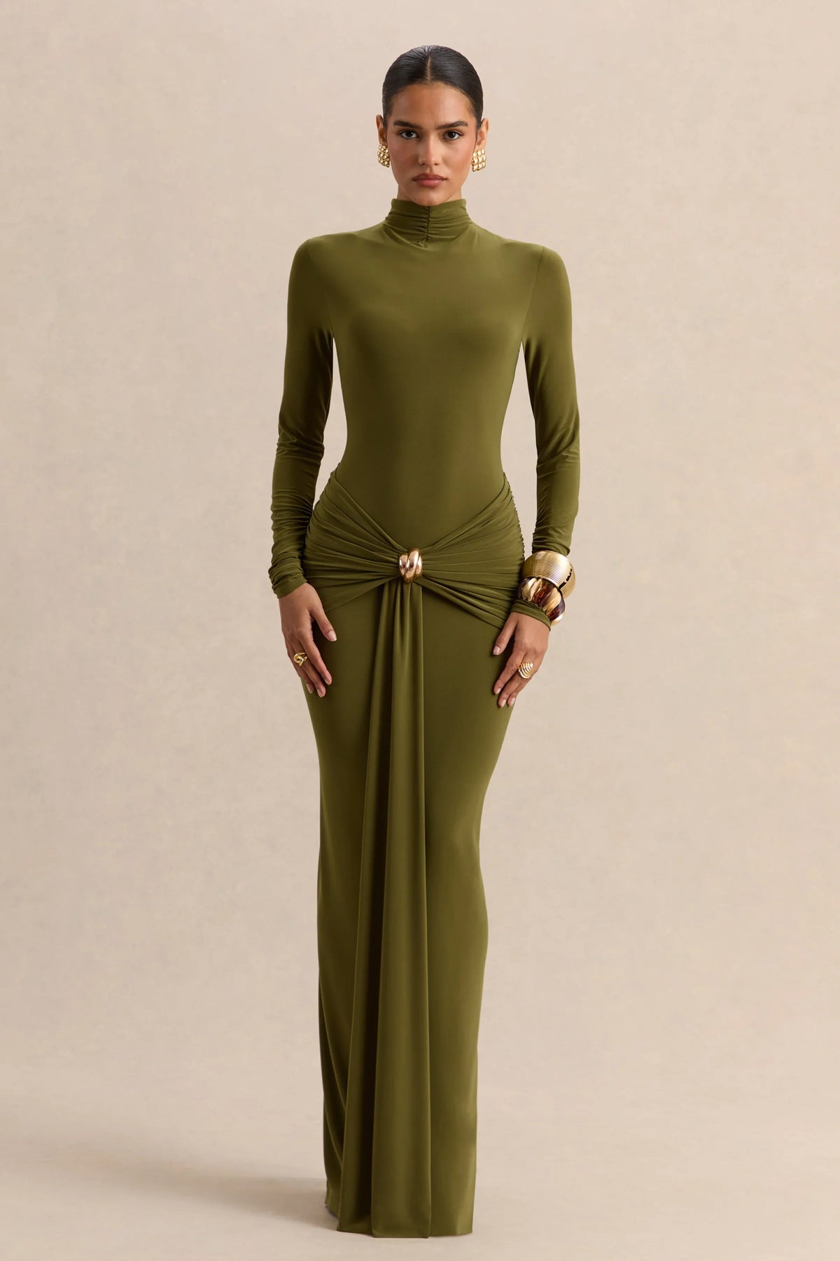 Ambrette Olive High Neck Maxi Dress With Gathered Detailing