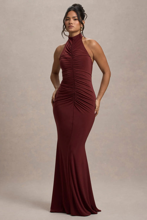 Arietta Port High Neck Ruched Fishtail Maxi Dress