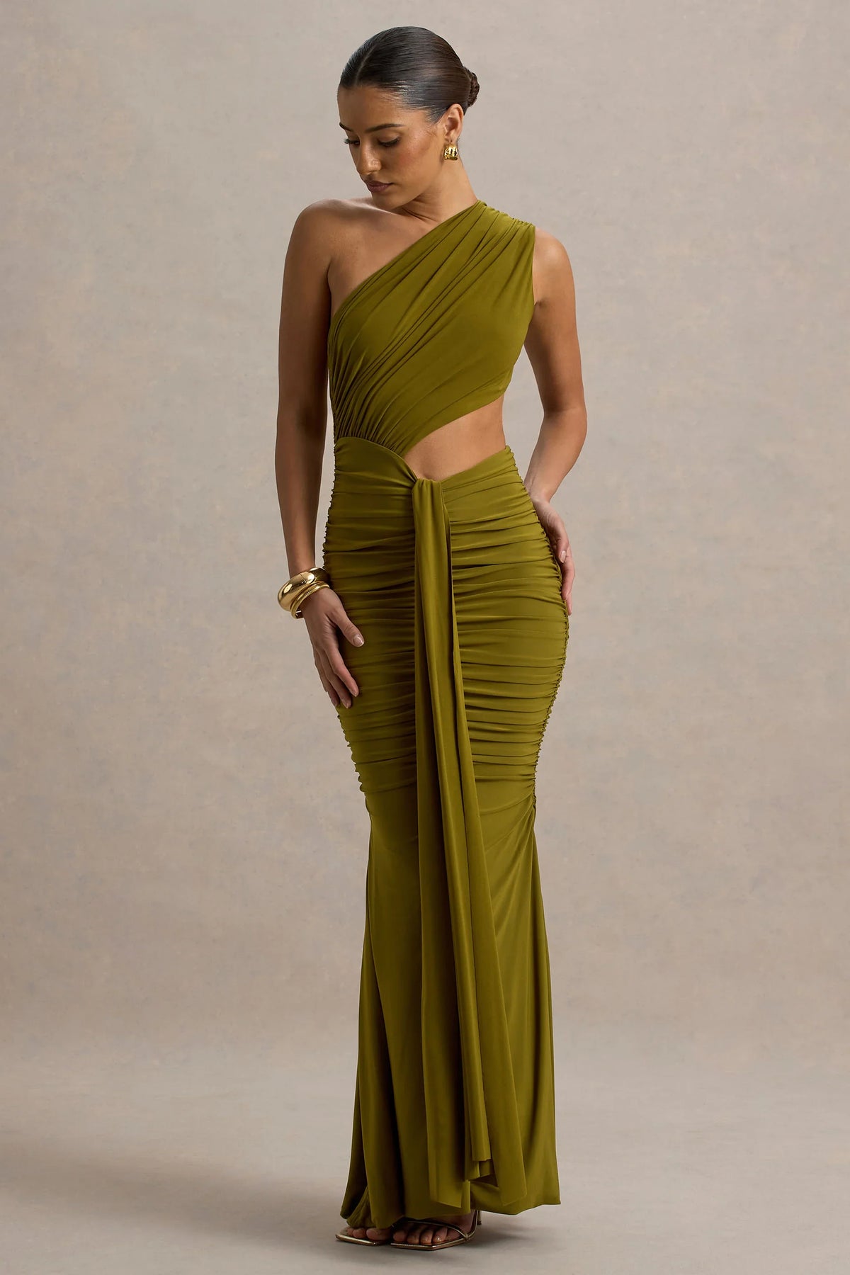 Beline Green One Shoulder Cut Out Maxi Dress With Drape